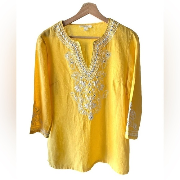Charter Club Linen Luxury Yellow Bejeweled 100% Linen Tunic Top - Size S - Picture 1 of 10